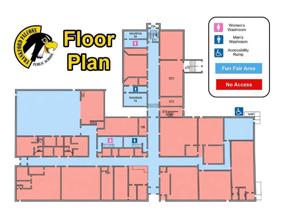 Frankford Public School Fun Fair floor plan showing accessible routes, Fun Fair areas, and no-access rooms